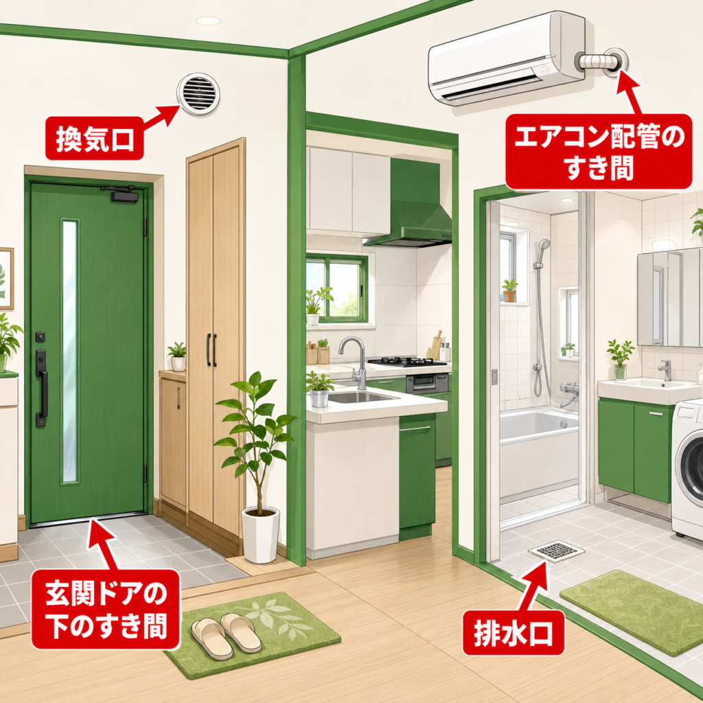 ゴキブリの侵入経路（玄関・換気口・エアコン配管・排水口）