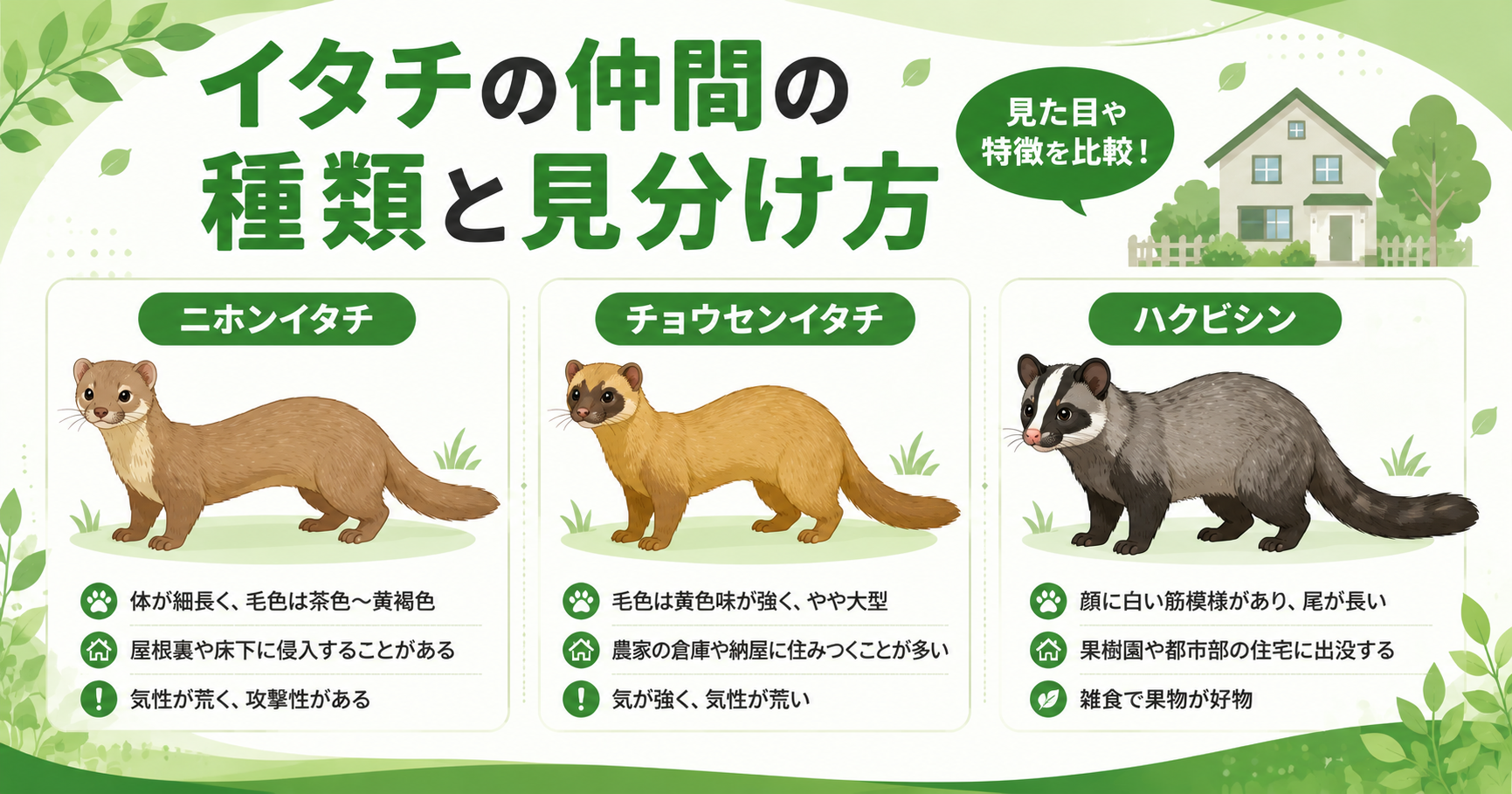 イタチの仲間の種類と見分け方（ニホンイタチ・チョウセンイタチ・ハクビシン）