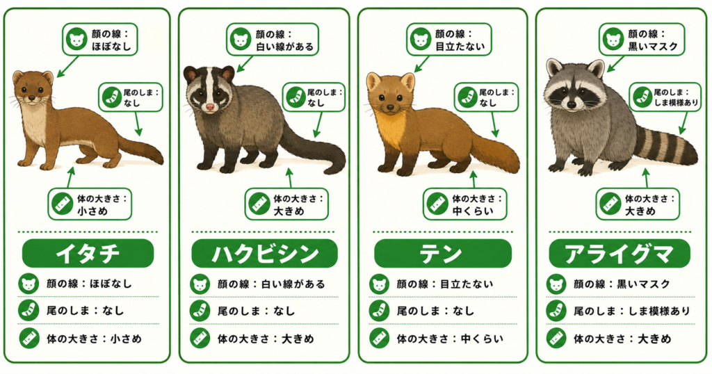 イタチの仲間とハクビシン・テン・アライグマの見た目の違いを示す比較図
