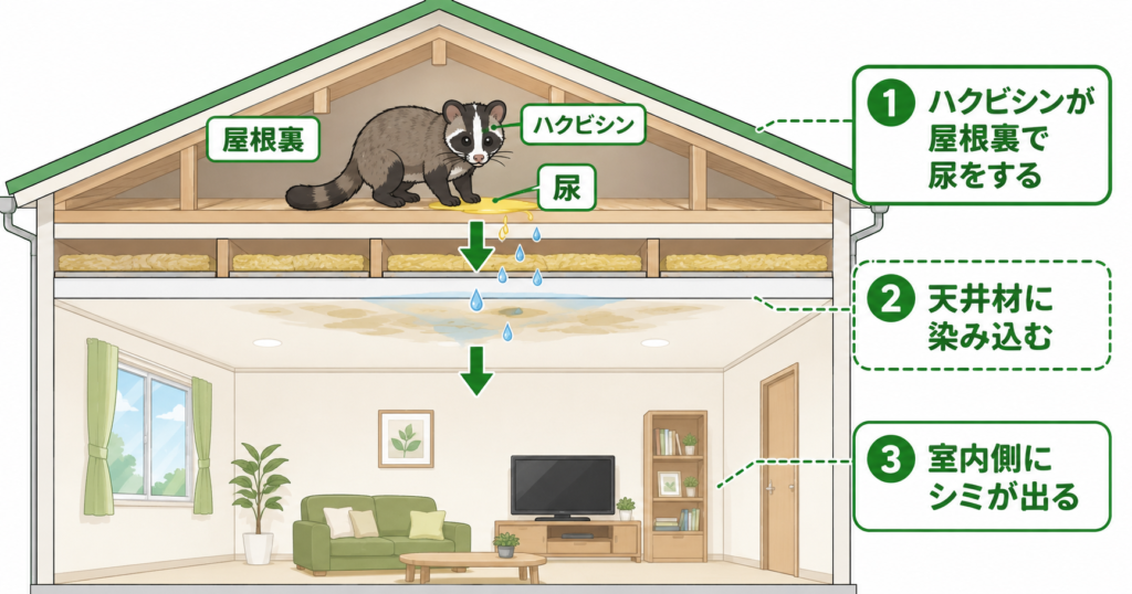ハクビシンの尿が屋根裏から天井にシミとして現れる仕組みを示す断面図