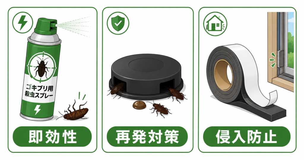 ゴキブリ対策グッズの役割比較 スプレー 毒餌 すき間テープ