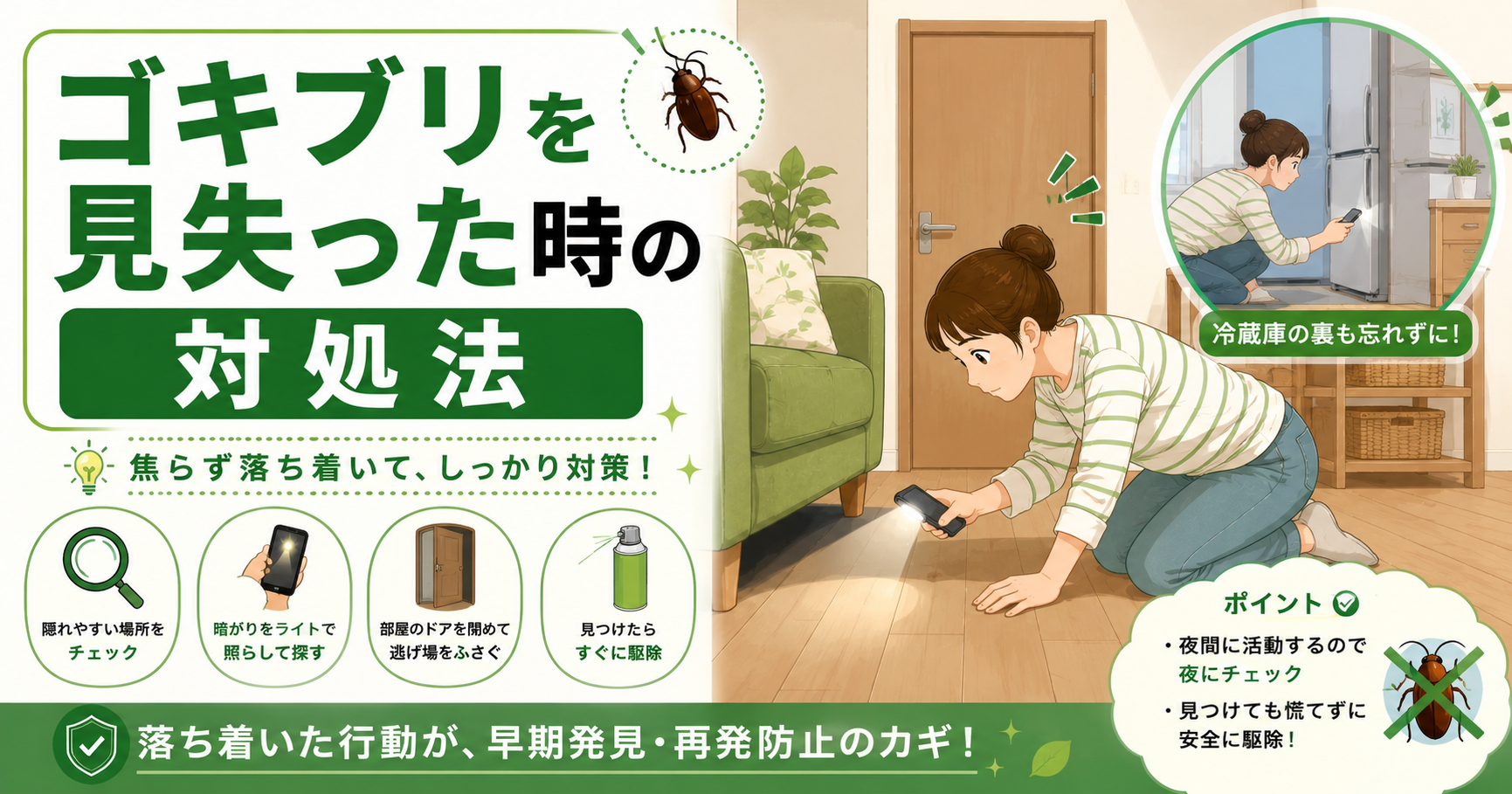 ゴキブリを見失ったときの探し方と対処法を解説するイメージ画像