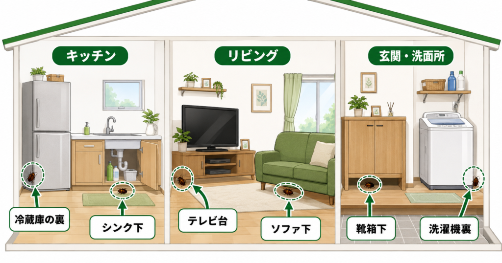 ゴキブリが隠れやすい場所の図解