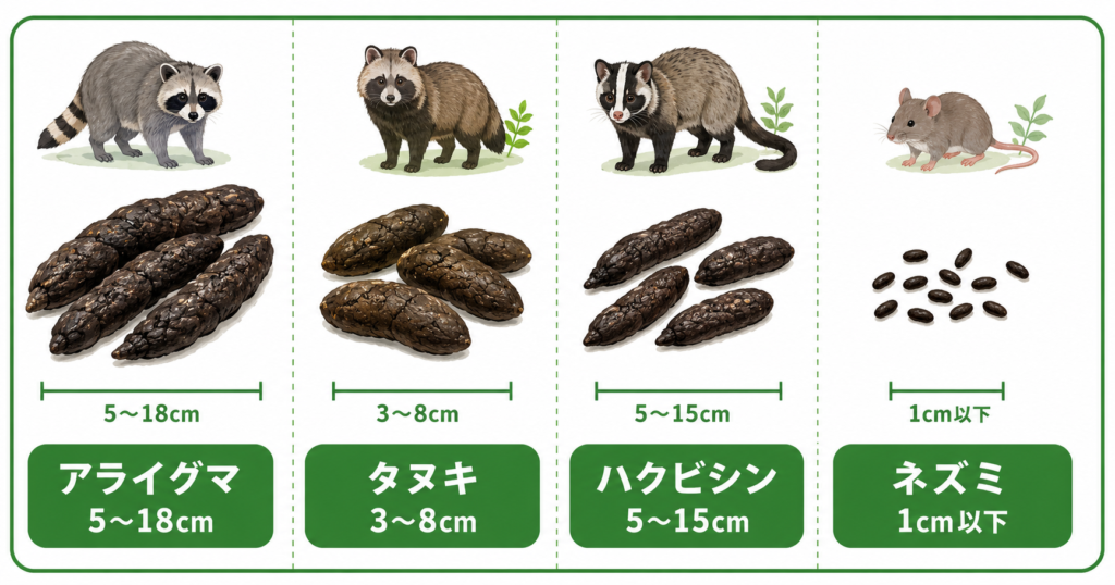アライグマ・タヌキ・ハクビシン・ネズミのふんを比較したイラスト