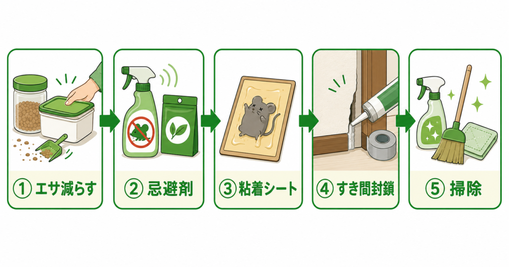 ネズミを追い出す5つの基本ステップの流れ図