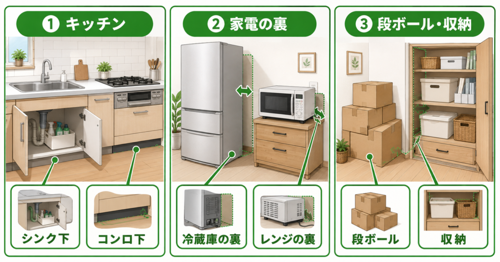 ゴキブリが卵を産みやすい場所3選の図解