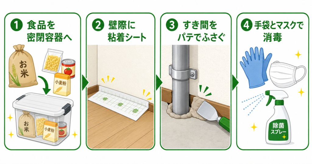 ネズミ対策4ステップ 食品管理・粘着シート・侵入口ふさぎ・消毒
