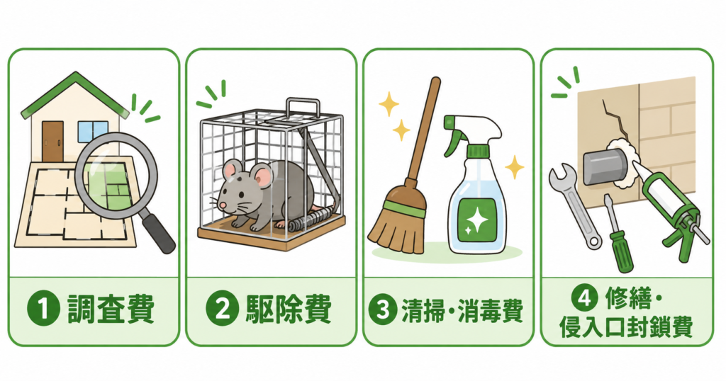 ネズミ駆除費用の内訳 調査費・駆除費・清掃消毒費・修繕封鎖費