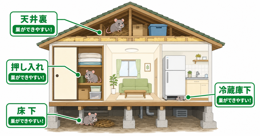ねずみの巣ができやすい場所の比較図(天井裏・床下・押し入れ・冷蔵庫下)