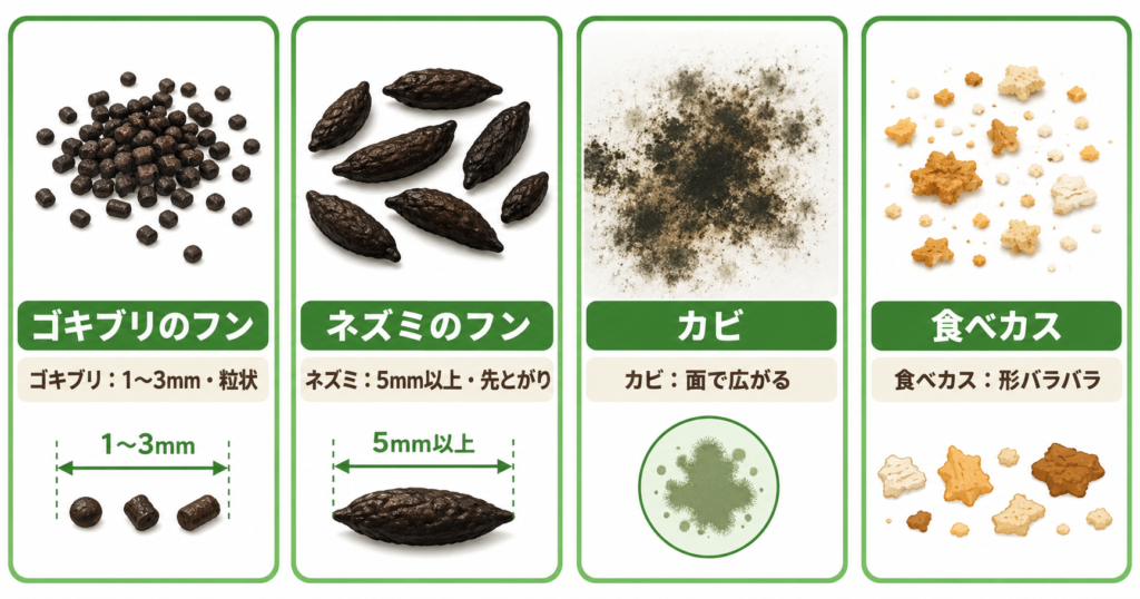 ゴキブリのふんとネズミのふん・カビ・食べカスの見分け方比較図