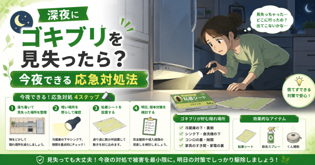 ゴキブリ見失った深夜の応急対処法を示すイラスト