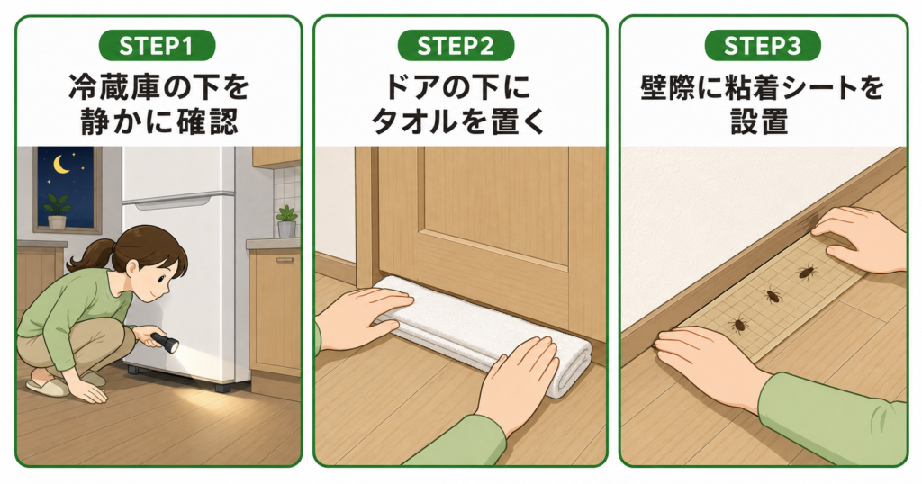 深夜にゴキブリを見失った時の応急対策3ステップのイラスト