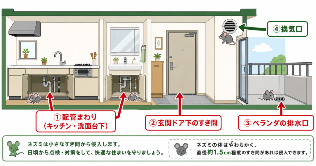マンションのネズミ侵入経路を示した図解