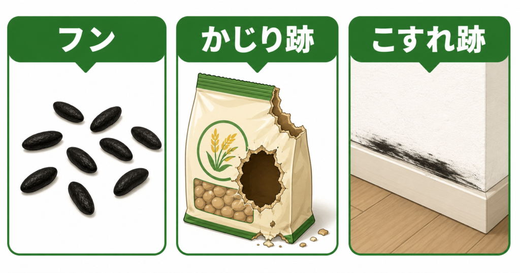 ラットサインの種類(フン・かじり跡・こすれ跡)比較図
