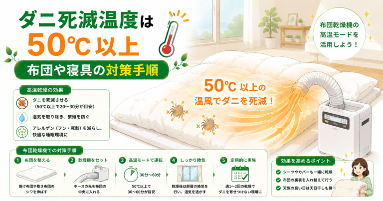 ダニ死滅温度は50℃以上｜布団や寝具の対策手順