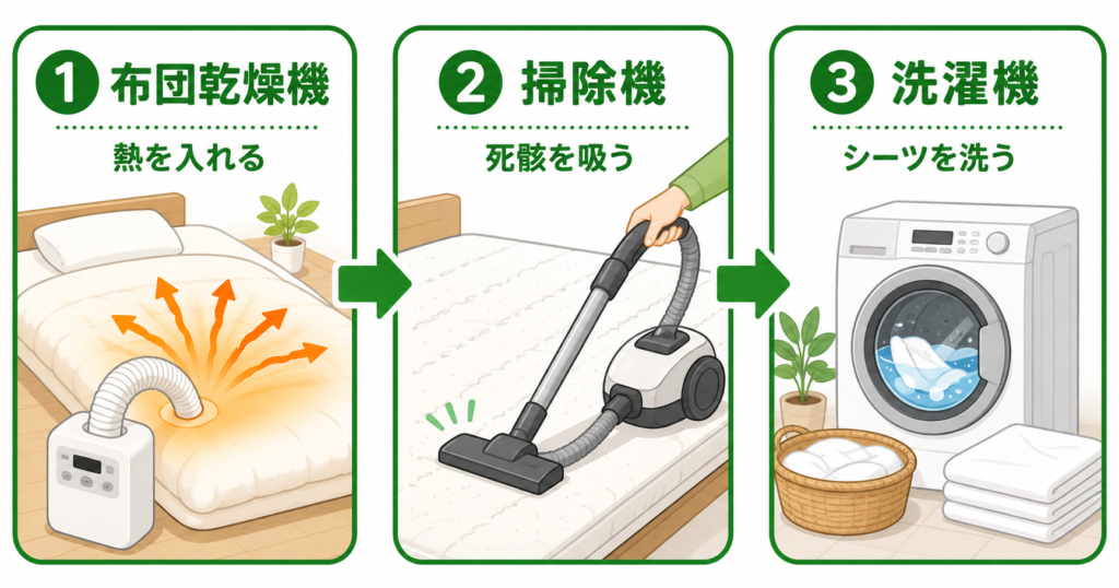 ダニ対策3ステップ 熱・掃除機・洗濯の順番