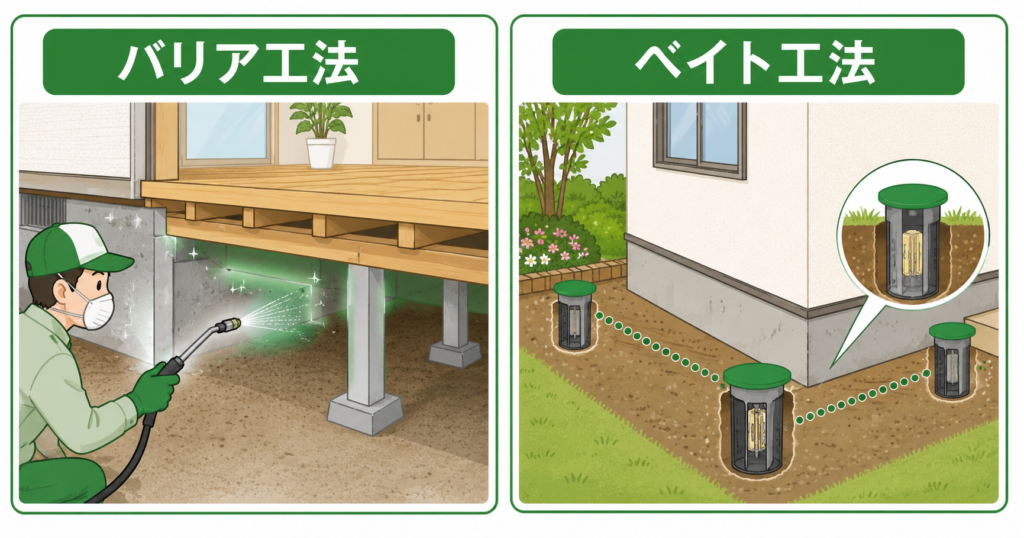 バリア工法とベイト工法の費用比較イラスト