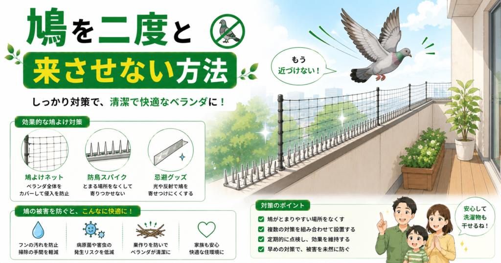 鳩を二度と来させない方法｜対策と予防策まとめ