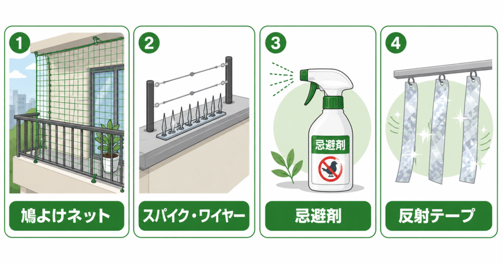 鳩よけ対策の種類と比較イラスト