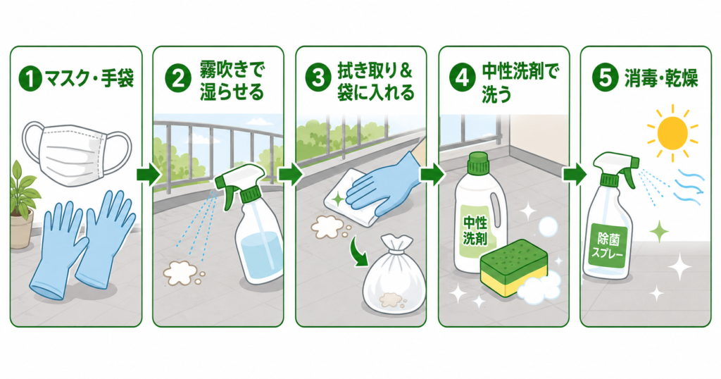 ベランダの鳥ふん掃除5ステップの手順図