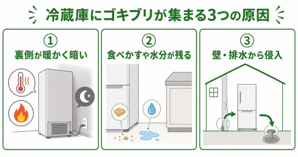 冷蔵庫にゴキブリが集まる3つの原因を示した図解