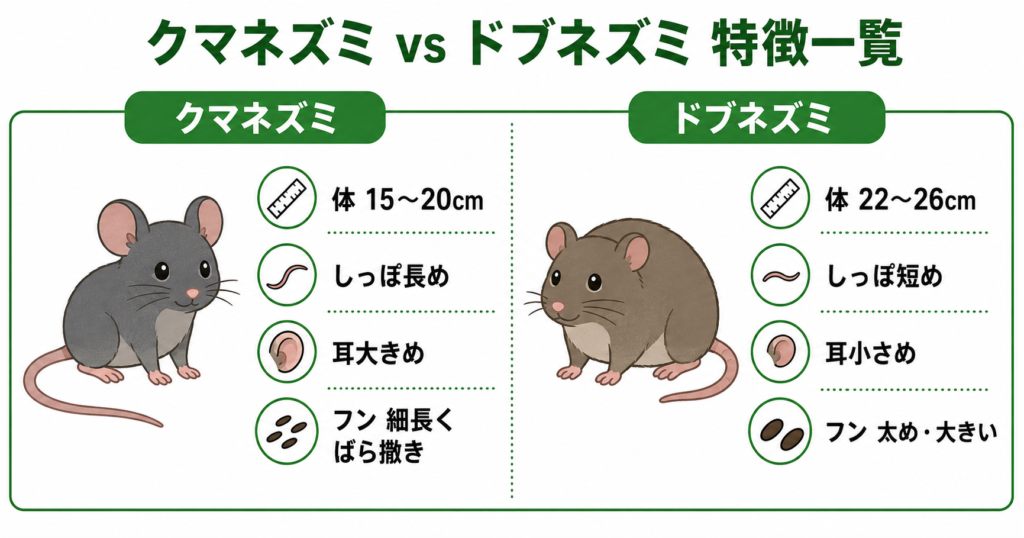 クマネズミとドブネズミの違いを比較したイラスト図解