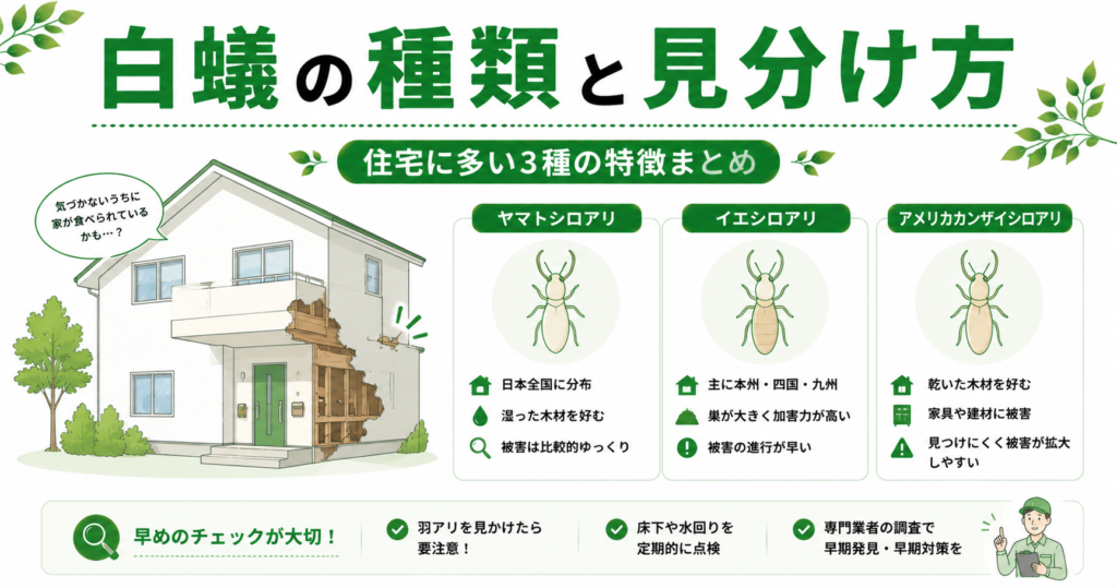 白蟻の種類と見分け方｜住宅に多い3種の特徴まとめ