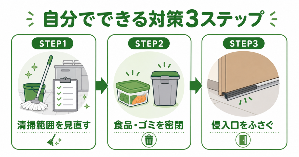飲食店 ゴキブリ対策 ステップ イラスト