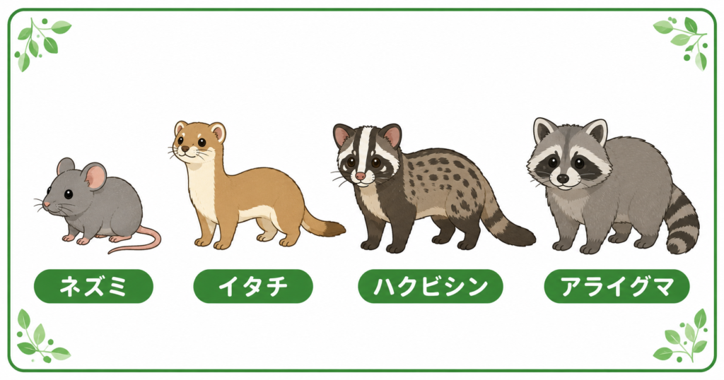 害獣の種類 ネズミ イタチ ハクビシン アライグマ 見分け方