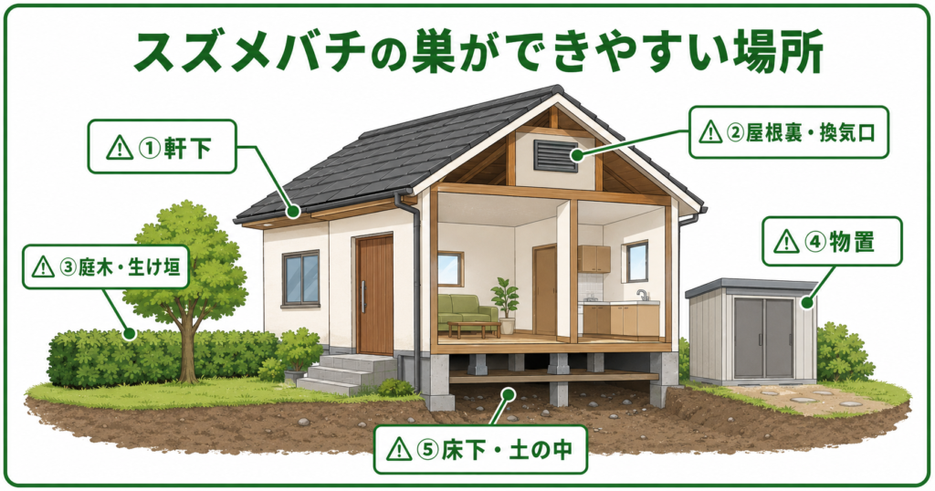 スズメバチの巣ができやすい場所の早見図