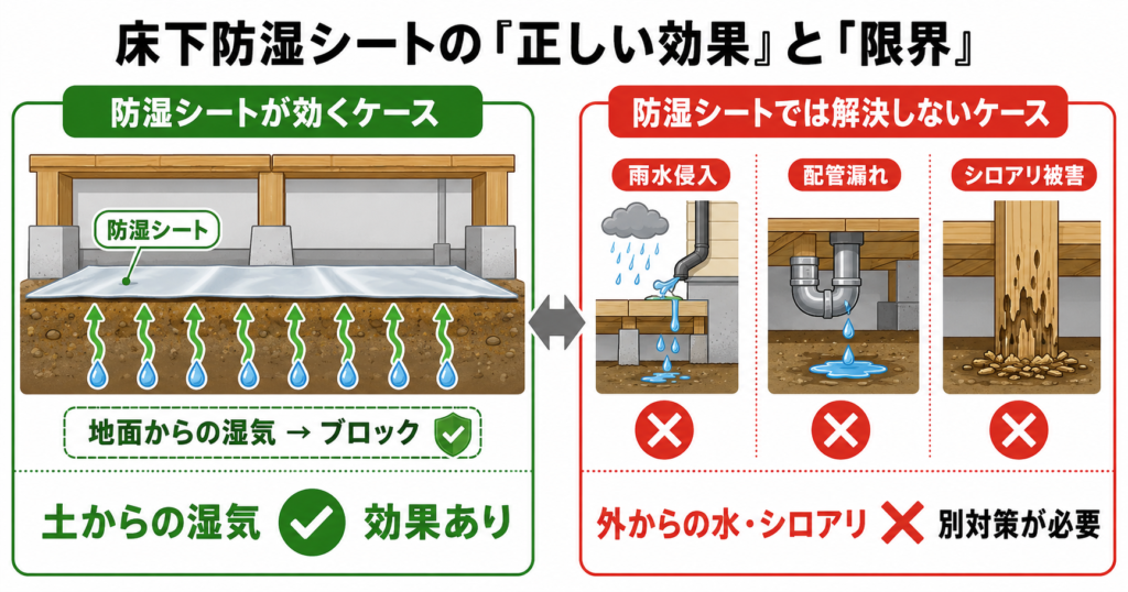 床下防湿シートが効くケースと効かないケースの比較図