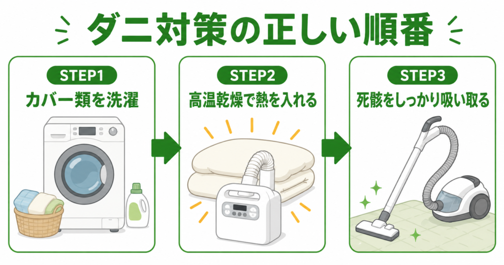 ダニ対策3ステップ 洗濯・乾燥・掃除機の順番を示す図解