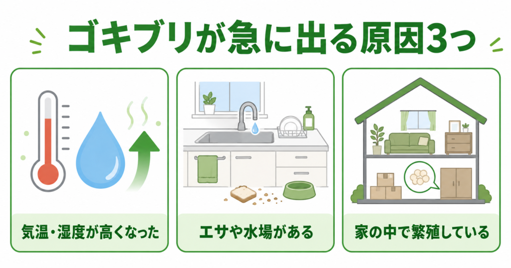ゴキブリが急に出る主な原因 3つの図解