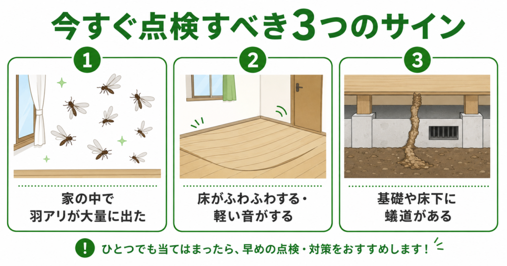 シロアリ被害のサイン3つ(羽アリ・床の沈み・蟻道)の図解