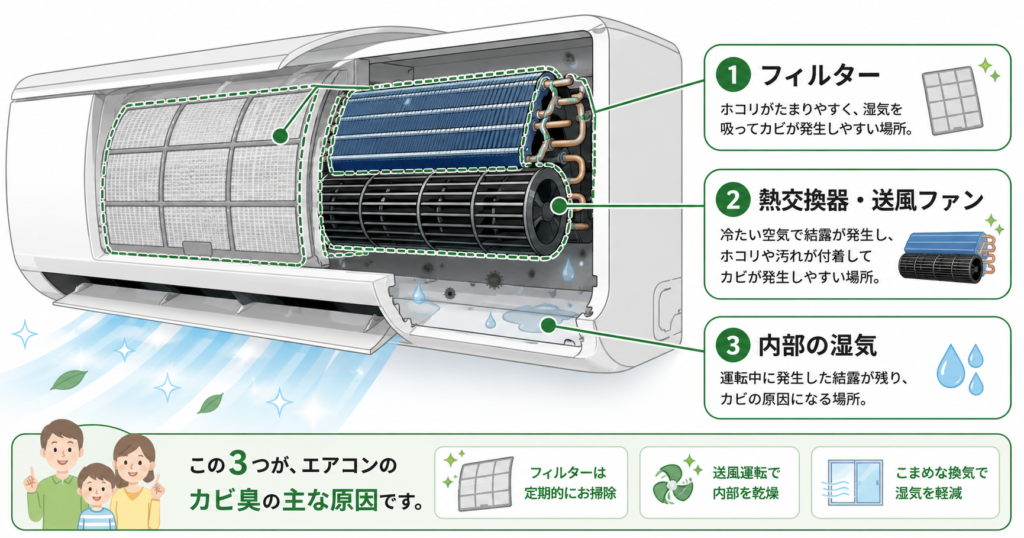 エアコンのカビ臭い匂いの原因となる3か所のイラスト図解