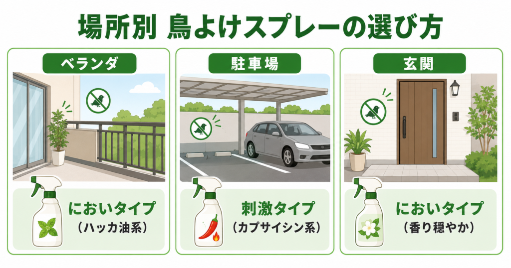 鳥よけスプレー 場所別の選び方 ベランダ 駐車場 玄関
