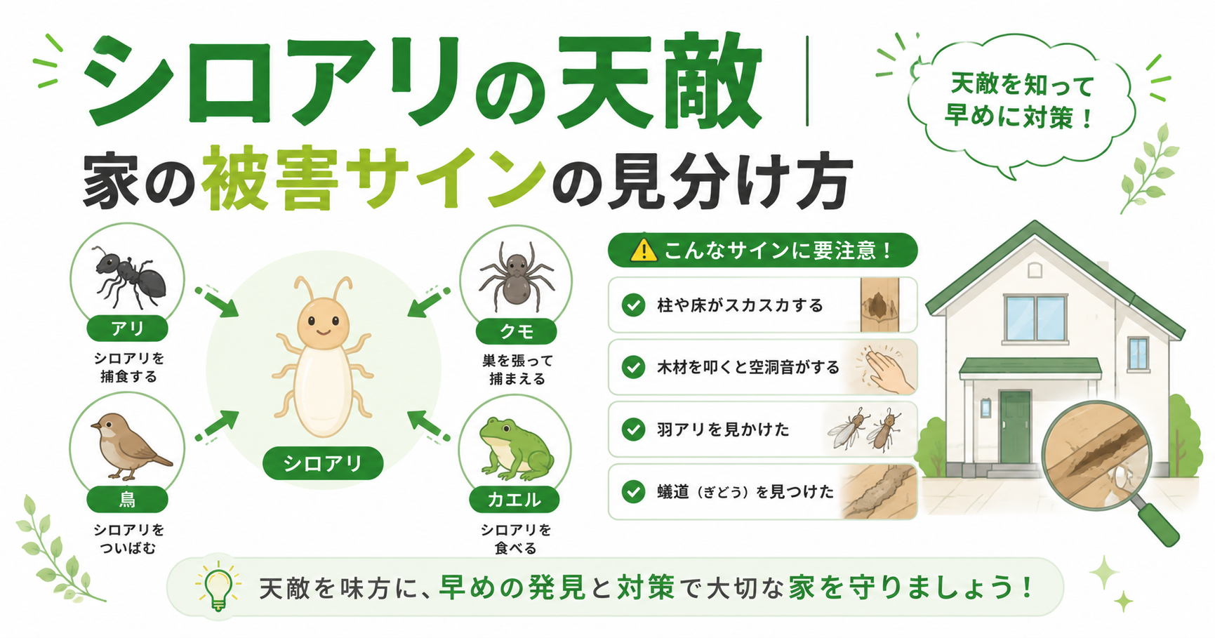 シロアリ天敵の種類と被害サインを解説するイラスト