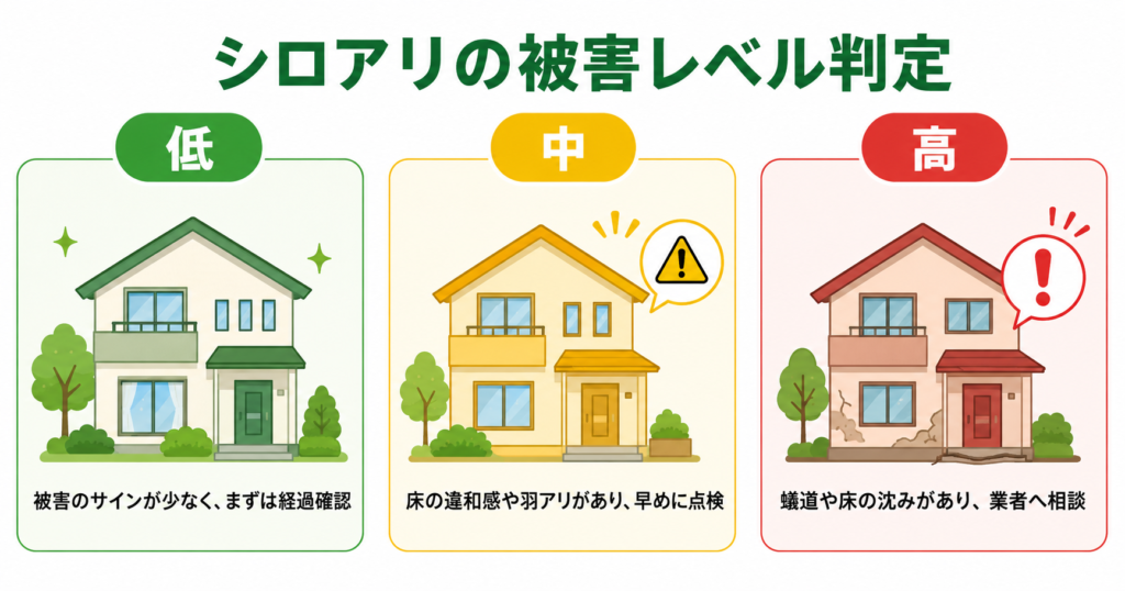 シロアリ被害レベルの3段階判定図(低・中・高)