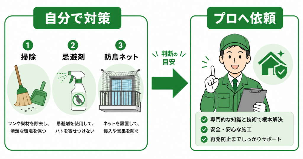 鳩駆除の自分でできる対策とプロ依頼の比較図