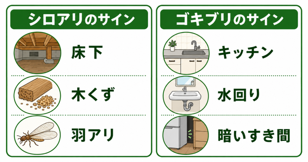 シロアリとゴキブリの出る場所とサインの比較図