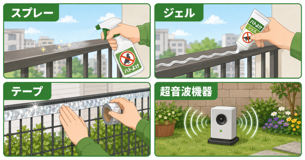 鳩忌避剤スプレー・ジェル・テープ・超音波の4種類比較図