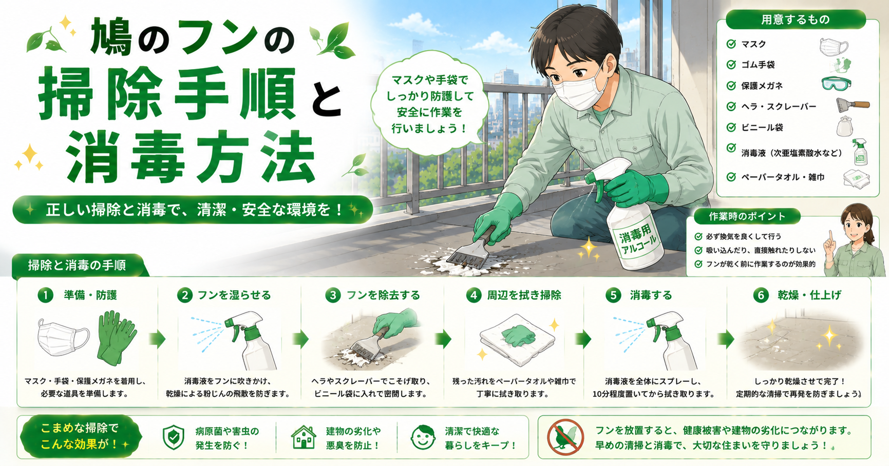 鳩のフンの掃除方法と消毒手順