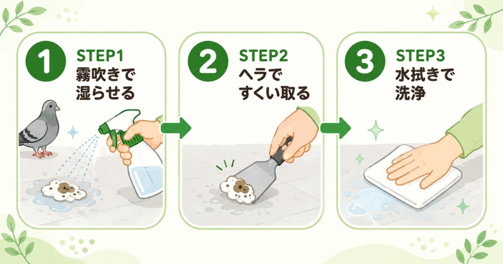 鳩のフン掃除の手順1〜3のステップ図解