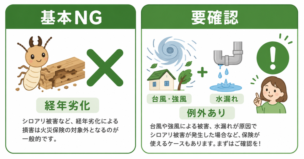 シロアリ駆除 火災保険 使える場合と使えない場合の比較図