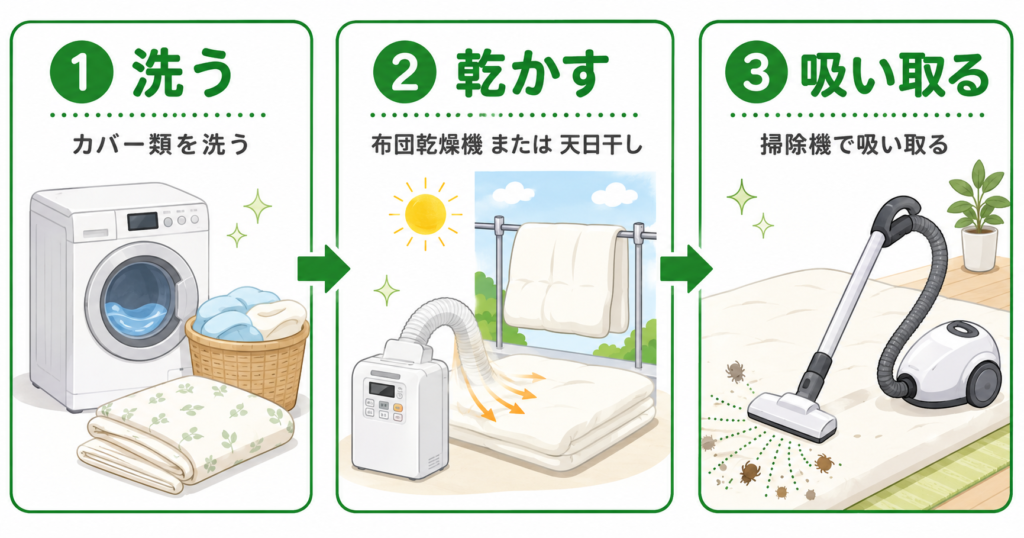 ダニのふん掃除手順3ステップ（洗う・乾かす・吸い取る）