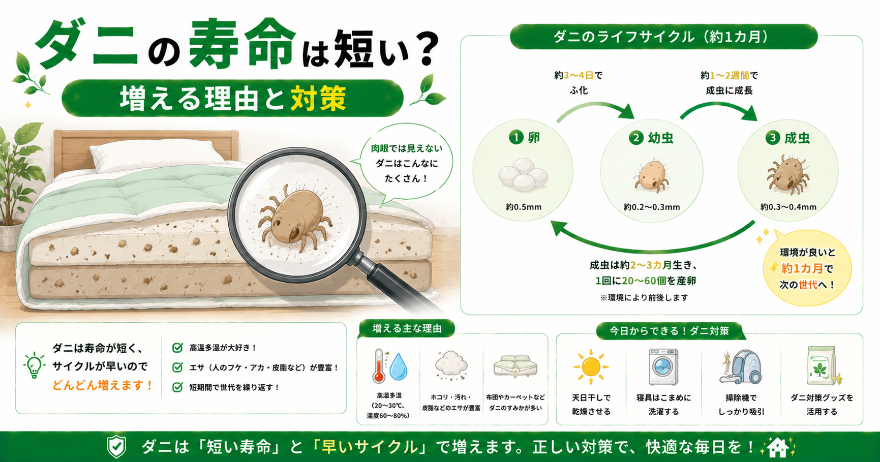 ダニの寿命と繁殖サイクルを図解したイラスト