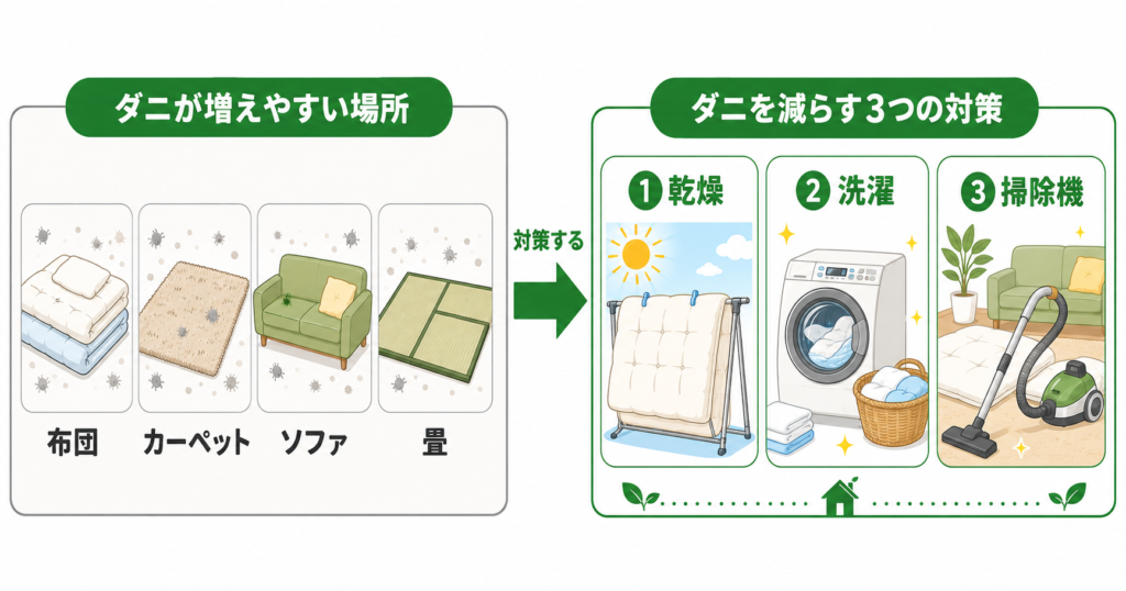 ダニが増えやすい場所と自分でできる3つの対策(乾燥・洗濯・掃除機)の図解