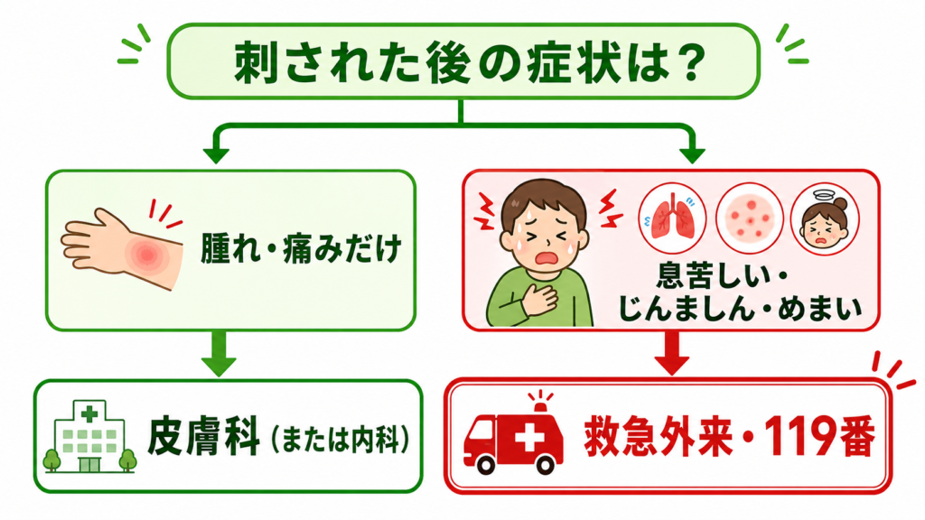 蜂に刺されたときの症状別受診先フロー図
