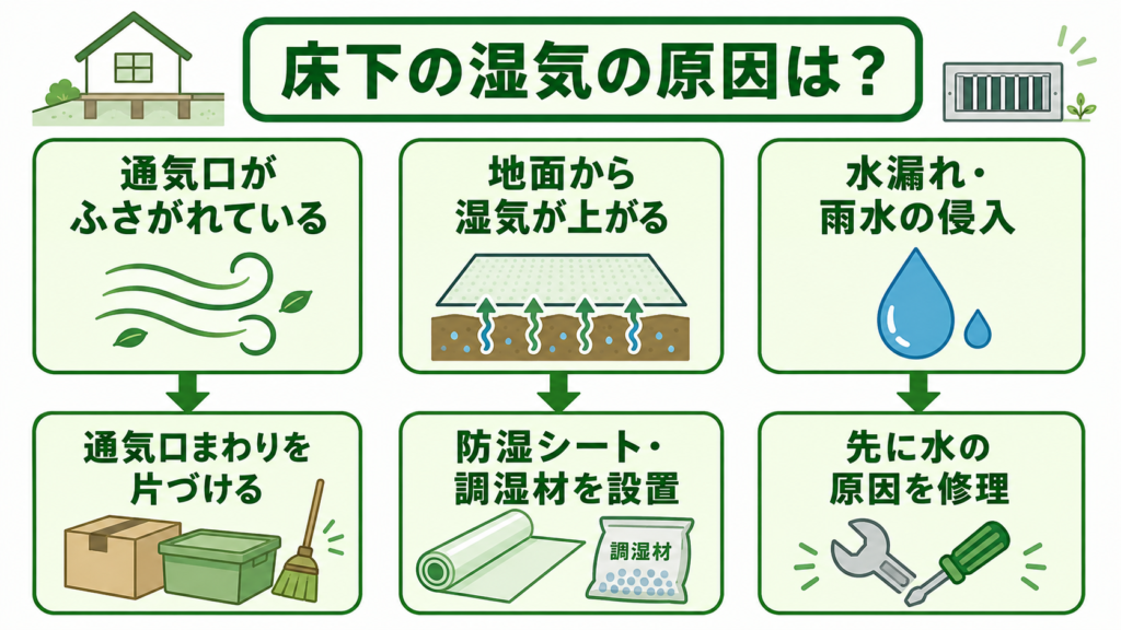 床下の湿気の原因別対策を示す分岐図