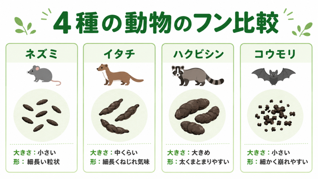 屋根裏の動物 フン 見分け方 4種比較